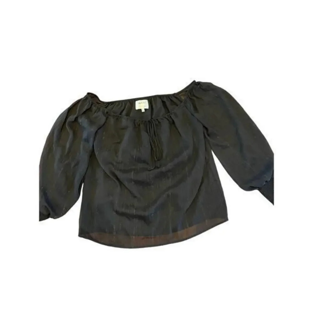 WAYF x BFF Sarah Silver Metallic & Black Off the Shoulder Top Sheer Long Sleeves - Picture 5 of 12